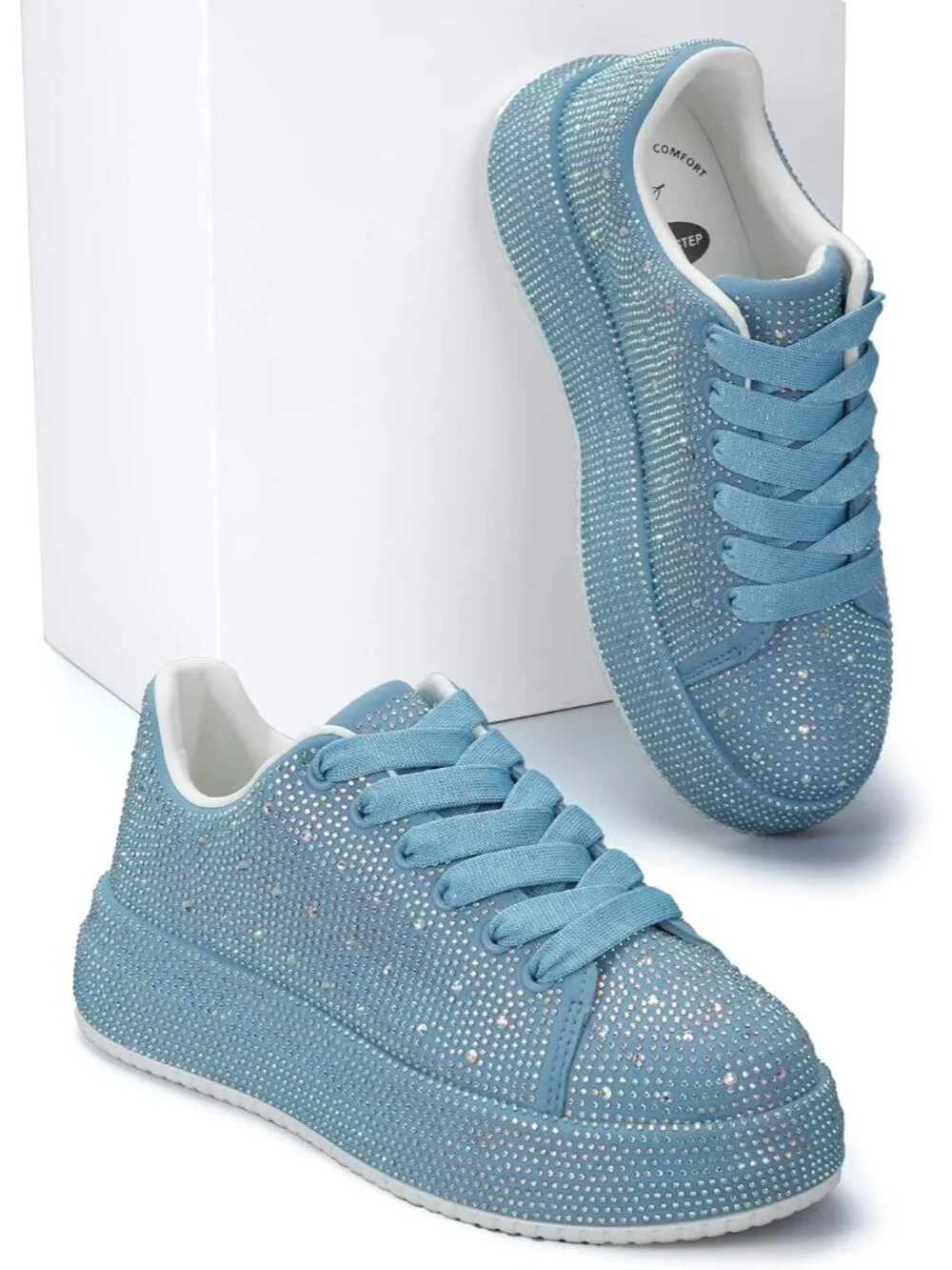 🆕Women's Blue Sparkly Glitter Bling Tennis Rhinestone Platform Sneakers